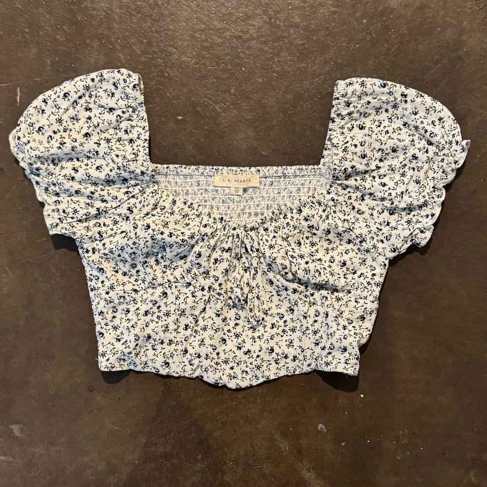 NWT L.A. Hearts PacSun Blue Floral Milkmaid Crop Top XS Puff Sleeve